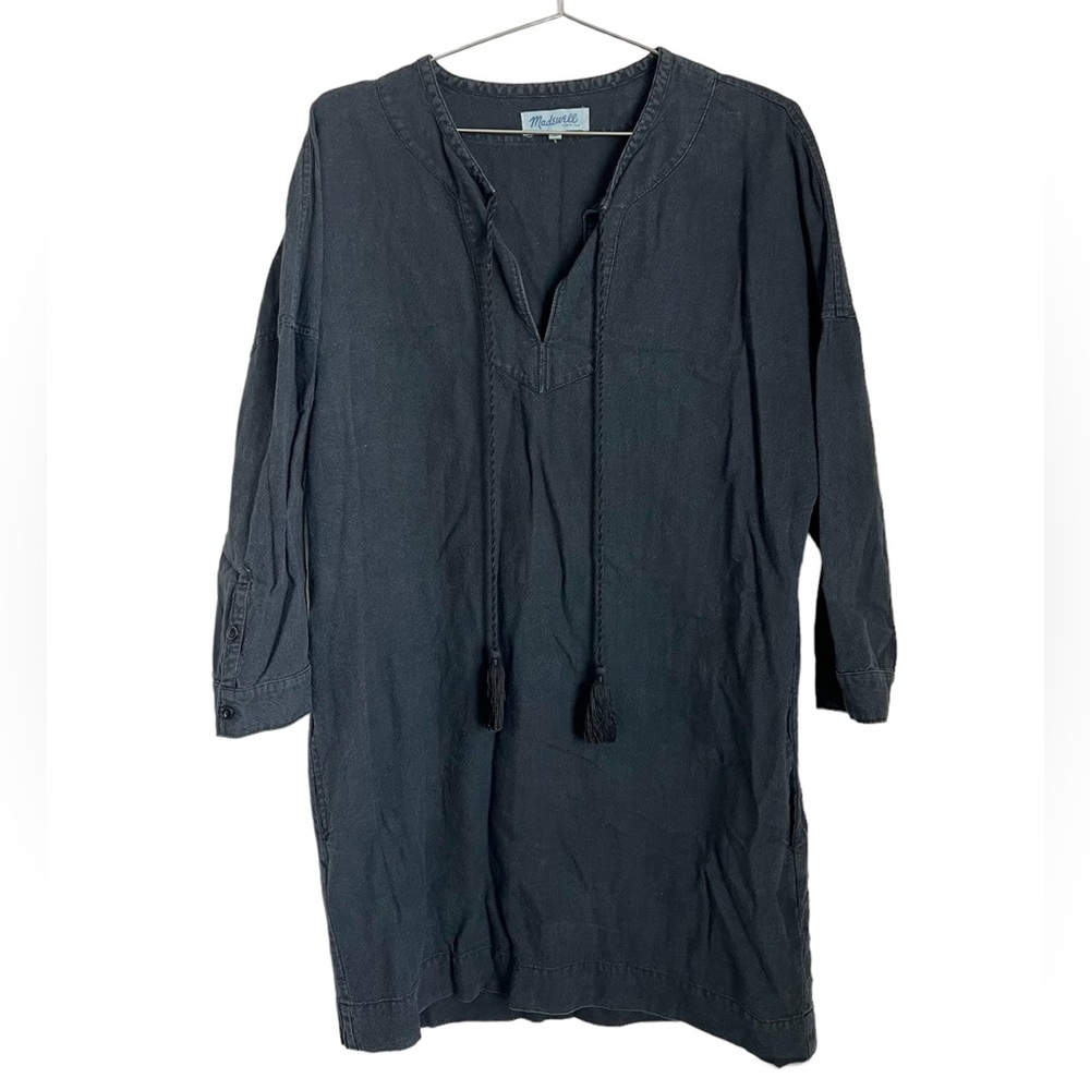 Madewell Black Denim V-Neck Tassel Tie-Front Shirtdress Size Medium